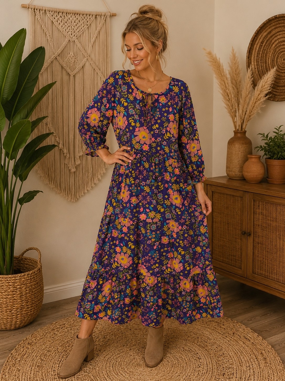 NATURAL LIFE Purple Floral Tie-Neck Maxi Dress with Yellow & Pink Blooms